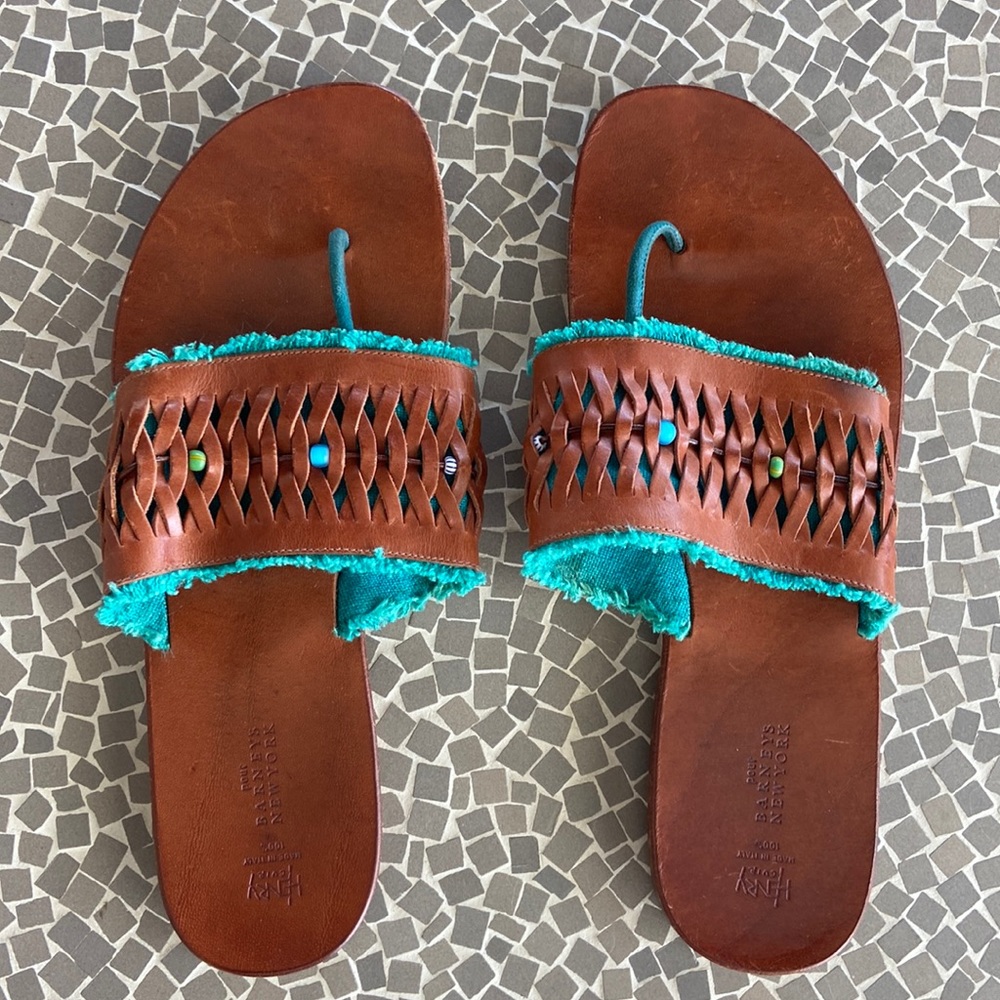HENRY CUIR For Barneys New York Beaded Leather Thong Sandals 39